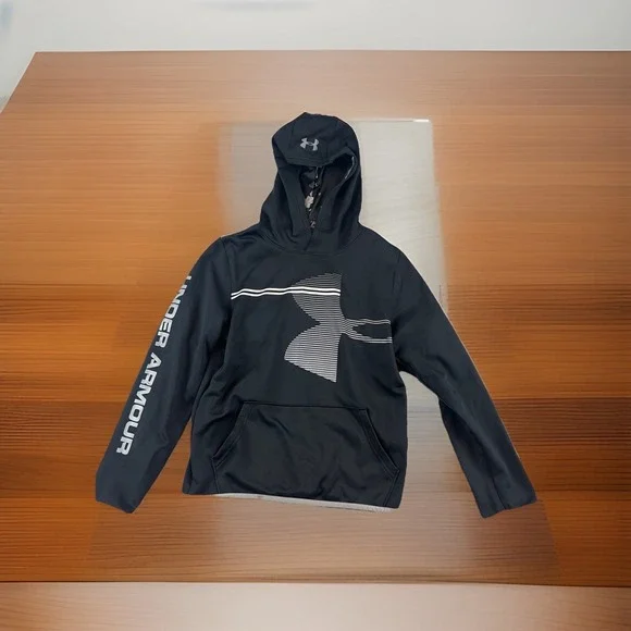 Under Armour Boys Black Hoodie Logo Hooded Pullover Top Pocket Youth Large. - Picture 2 of 8